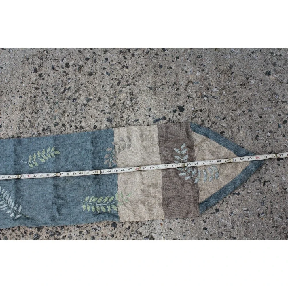 Pier 1 Imports Table Runner Jute Cotton Blue Green Leaves Embroidered 65